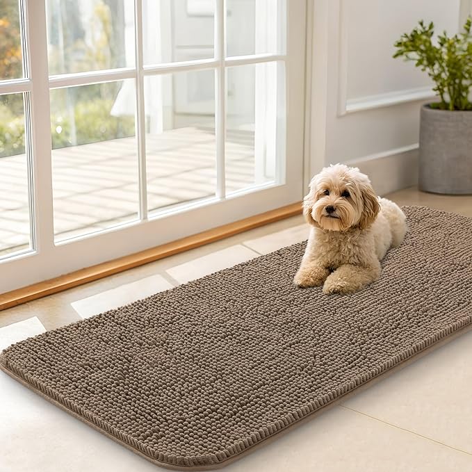 OLANLY Dog Door Mat for Muddy Paws 47x20, Absorbs Moisture and Dirt, Absorbent Non-Slip Washable Doormat, Quick Dry Chenille Mud Mat for Dogs, Entry Indoor Entryway Carpet for Inside Floor, Tan by OLANLY