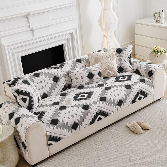Boho Plush Couch Covers for Sofa Washable, Fuzzy Soft Couch Cover for Sectional Sofa, Non Slip Jacquard Sofa Cover Furniture Protector for Kids, Pets (Dark Grey,28"x28") - Image 7