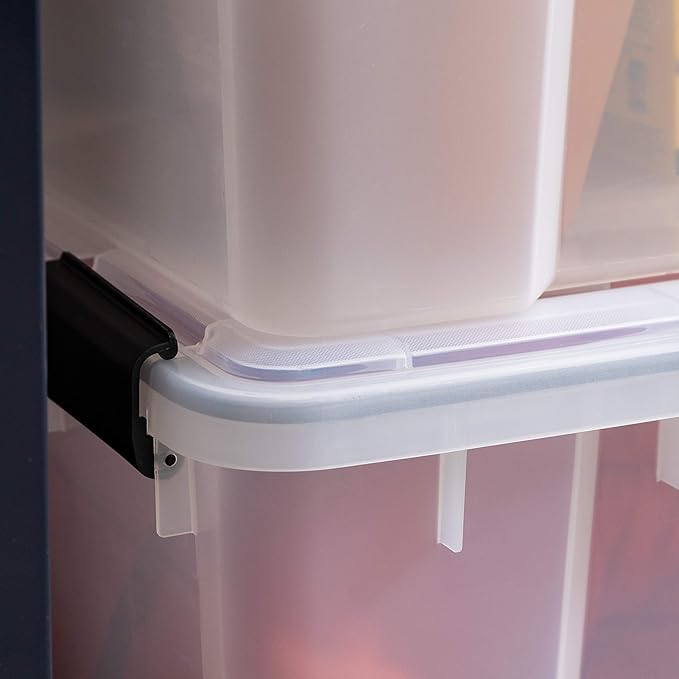 IRIS USA 4-Pack WeatherPro 74 Qt Clear Plastic Gasket Boxes with Latching Lids – Weathertight Heavy Duty Stackable Storage Containers for Clothes, Food, Tools or Camping Gear - Image 4