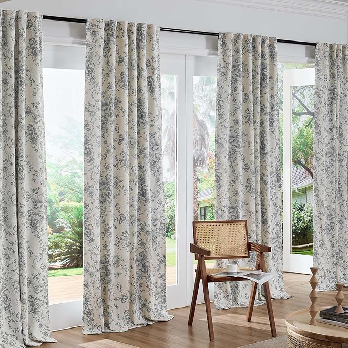 jinchan Blackout Linen Blend Curtain Gray Floral Blackout Curtains for Living Room 90 Inch Length Grey Printed with Lined Blackout Curtain for Bedroom Farmhouse Curtains Set 2 Panels - Image 7