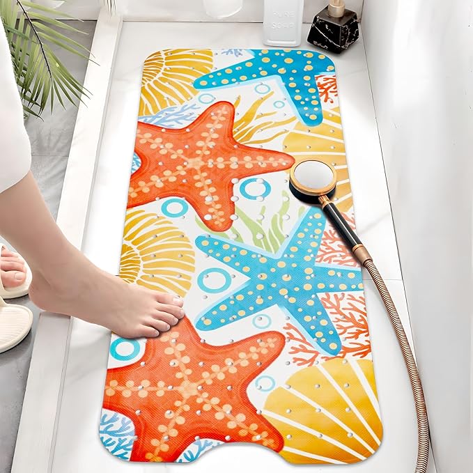 Ocean Bathtub Mat Non Slip, Cute Baby Bath Mat for Tub Rubber Tub Mat, Starfish Seashells Toddler Kids Bath Mats for Bathroom Anti Slip Shower Mat with Suction and Drain Holes Machine Washable,40″x16″ - Image 2