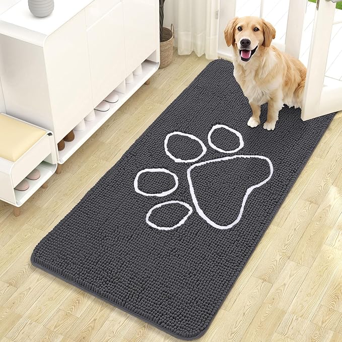 OLANLY Dog Door Mat for Muddy Paws 47x24, Paw Print Design, Absorbs Moisture and Dirt, Absorbent Non-Slip Washable Doormat, Quick Dry Chenille Mud Mat for Dogs, Entry Indoor Entryway Carpet, Dark Grey by OLANLY