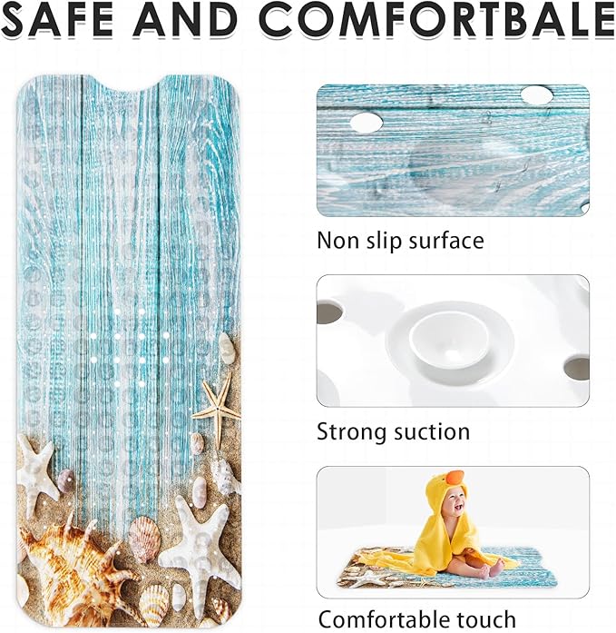 Seashells Summer Bath Mat Non Slip, Space Beach Wood 40 X 16 Inch Extra Long Bathtub Shower Mat for Tub Anti Slip with Suction Cups and Drain Holes for Kids Adults Elderly - Image 4