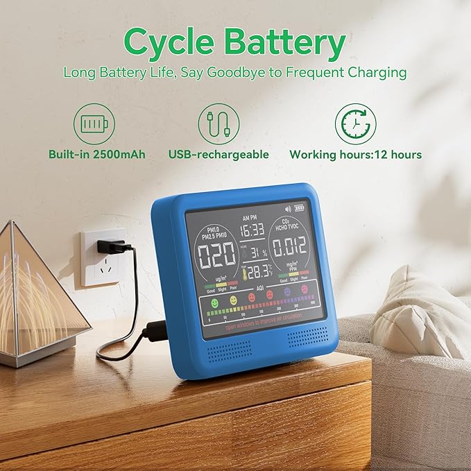 16-in-1 Indoor Air Quality Monitor with PM1.0,PM2.5,PM10,CO2,HCHO,TVOC,Temperature,Humidity,Time Display &7 AQI Alarms – Professional Air Quality Tester for Home, Office & Indoor Use (Lake Blue) - Image 4