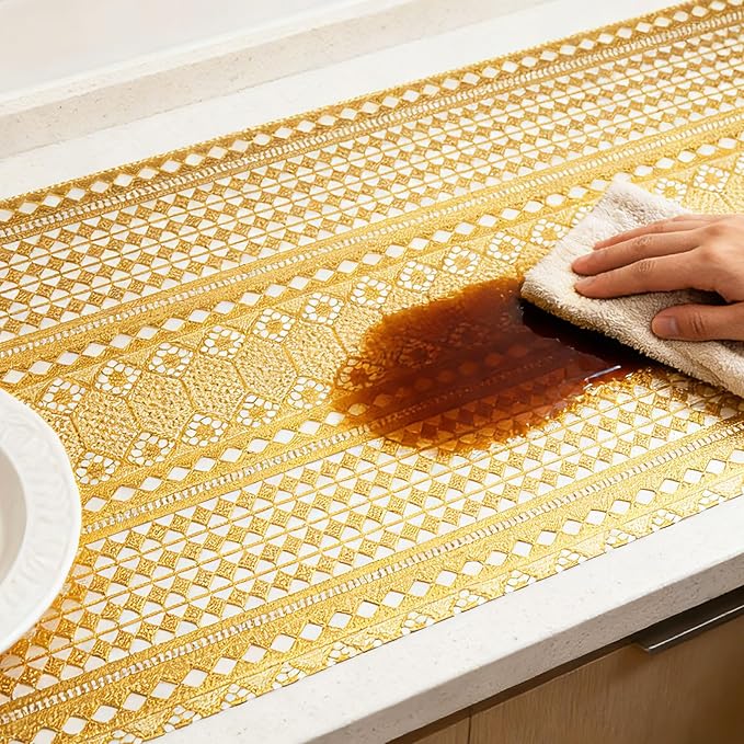 Drawer and Shelf Liner - Gold Geometric Lace Pattern,Non Adhesive Non Slip Waterproof Easy-Clean Shelf Liner for Kitchen Cabinet, Refrigerator, Bathroom, Pantry Storage Drawers, 12 in x 20 Ft - Image 9