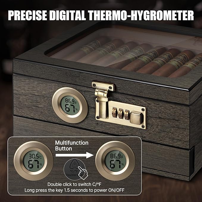 Cigar Humidor,Cedar Wood Humidor Cigar Box,Glass Top Desktop Humidor with Digital Thermo-Hygrometer, Humidifier, Divider, Accessories Drawer and Combination Lock,Cigar Gift for Men - Image 4