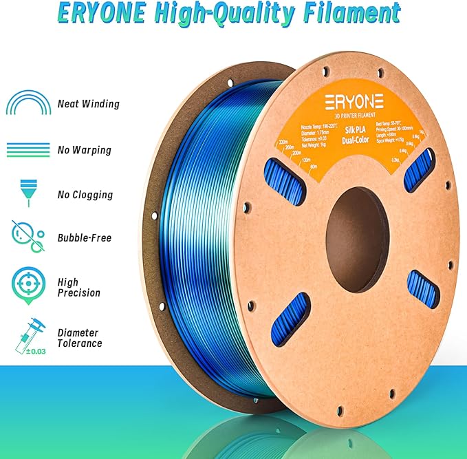 ERYONE Silk Dual Color PLA Filament 3D Printer 1.75mm +/- 0.03mm, Bicolor Filament Two Tone PLA Bundle 2KG Cardboard Spool, Blue Green - Image 3