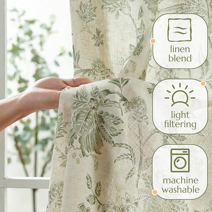 jinchan Linen Floral Curtains for Living Room with Printed Flower 108 Inches Long Light Filtering Extra Long Back Tab Rod Pocket Sage Green Window Curtain Set Farmhouse Drapes, 2 Panels - Image 4