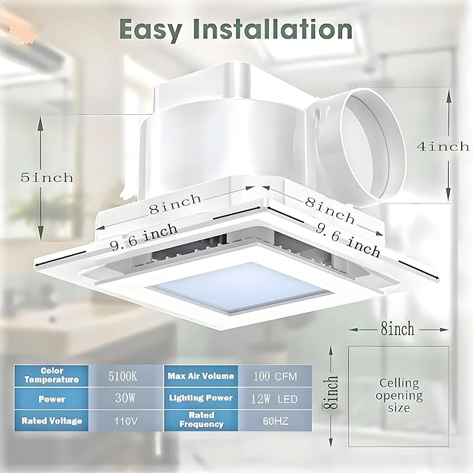 Bathroom Exhaust Fan with LED Light 8 inch Ceiling Mount Ventilation Fan 100 CFM,Voltage 110V,4 Inch Duct Quiet Bathroom Ventilation Exhaust Fan for Shower/Restroom/Office - Image 2