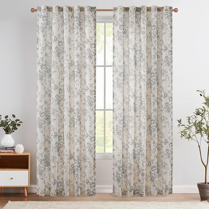 jinchan Linen Blend Curtain Floral Curtains for Living Room 90 Inch Length Grey Printed Curtain Rod Pocket Back Tab Farmhouse Peony Flower Patterned Drapes Bedroom Window Curtains Set 2 Panels by JINCHAN