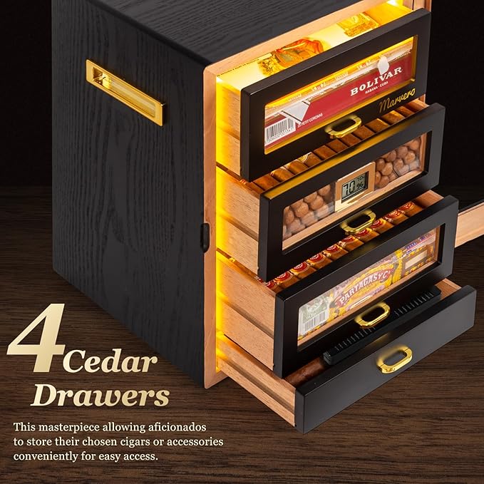 Cigar Humidor, Desktop Humidor Cabinet Triple-Sided Light with Digital Hygrometer, Humidifier and Humidity Packs. 4 Ceder Wood Drawers, Cigar Humidor Box can Hold 200 Cigars,Present for Men - Image 6