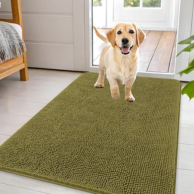 OLANLY Dog Door Mat for Muddy Paws 44x32, Absorbs Moisture and Dirt, Absorbent Non-Slip Washable Doormat, Quick Dry Chenille Mud Mat, Entry Indoor Entryway Carpet for Inside Floor, Willow Green by OLANLY