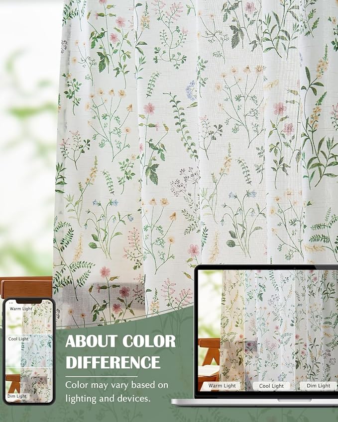 jinchan Floral Linen Blend Curtains for Living Room 96 Inch Length French Country Farmhouse Printed Curtains Sage Green on White Rod Pocket Back Tab Light Filtering Window Drapes 2 Panels - Image 6