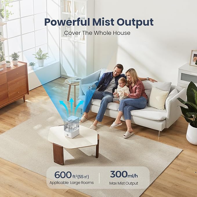 Humidifiers for Bedroom Large Room, Top Fill 6.5L Cool Mist Humidifier, 45H Runtime, 28dB Quiet Ultrasonic Air Humidifier for Home, Whole House, Baby Nursery, Night Light (White) - Image 2