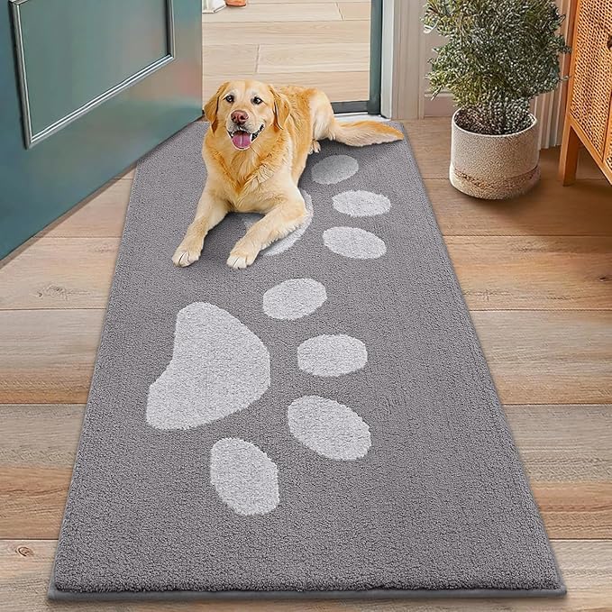 Smiry Dog Door Mat for Muddy Paws, Absorbs Moisture and Dirt, Low-Profile Entryway Mat with Non-Slip Backing, Entry Indoor Outdoor Doormat for Inside Floor (48x30 Inches, Light Grey, Paw) by Smiry