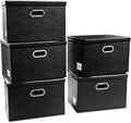 PRANDOM Large Stackable Storage Boxes with Lids [5-Pack] Leather Fabric Foldable Storage Bins Organizer Containers Baskets Cubes with Cover for Bedroom Closet Office Nursery Black(17.7x11.8x11.8) by Prandom