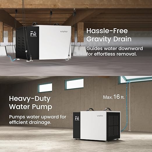 Waykar 158 Pint Commercial Dehumidifier with Pump and Drain Hose for Crawl Spaces, Basements, Ducted Industrial Use, and Water Damage Unit, for Spaces up to 7500 Square Feet, Smart Humidity Control - Image 4