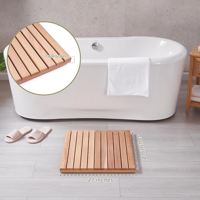bingaai Cedar Wood Bath Mat 21"×21" Square, Cedar Wooden Bath Mats, Wood Shower Stall Mat Non-Slip for Bathroom Bathtub Spa Sauna Garden Home, Wooden Floor Mat Small for Indoor and Outdoor - Image 4