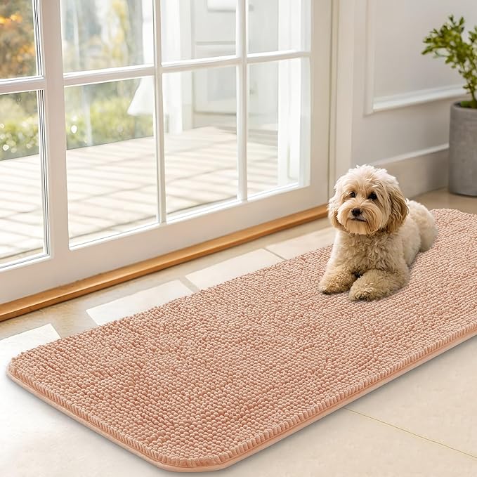 OLANLY Dog Door Mat for Muddy Paws 47x17, Absorbs Moisture and Dirt, Absorbent Non-Slip Washable Doormat, Quick Dry Chenille Mud Mat for Dogs, Entry Indoor Entryway Carpet for Inside Floor, Peach by OLANLY