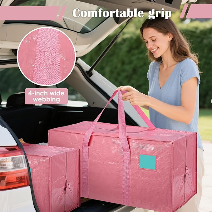 6 Pack Extra Heavy Duty Large Moving Bags with Reinforced Zipper & Wide Handles, Waterproof Storage Bins for Clothes, College Dorm, Travel, and Home Organization, Pink - Image 6