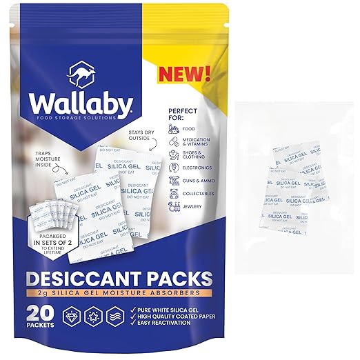Wallaby 2 gram (20 Packets) Food Safe Pure White Silica Gel Desiccant Dehumidifier Packs - Rechargeable & Coated Moisture Absorbers - Protects Against Moisture Damage - (Packed in 10x Sets of 2) by WallabyGoods