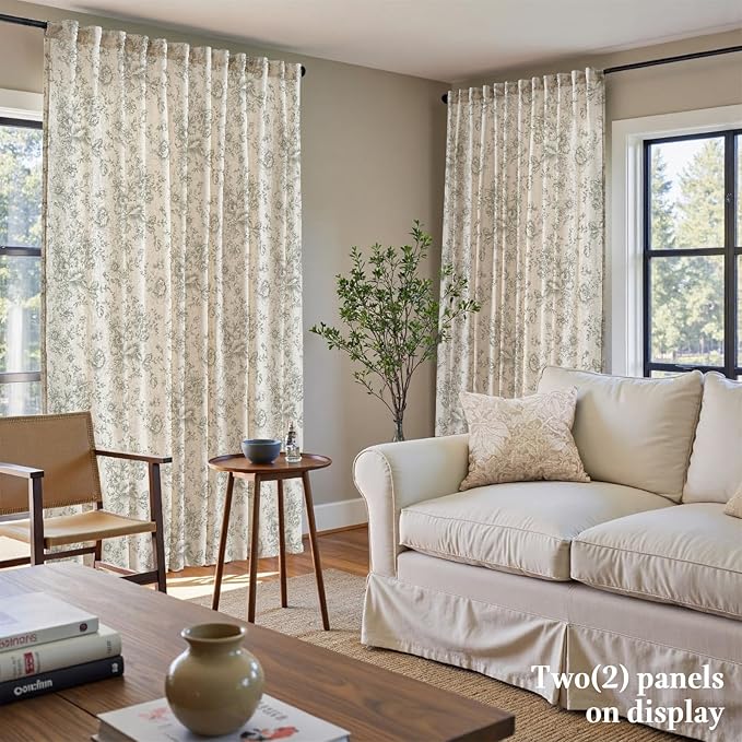 jinchan Linen Floral Curtains Extra Wide for Patio Sliding Glass Door Room Divider Curtain for Living Room Drapes 90 Inch Length Farmhouse Peony Green Printed Curtain Set 1 Panel - Image 3