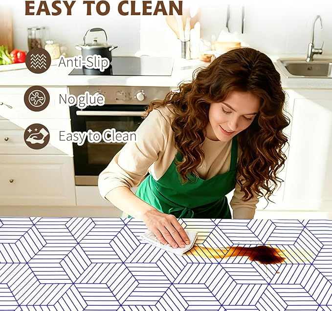 Shelf Liners for Kitchen Cabinets 17.3in x 20FT, Non Adhesive Cabinet Liner Strong Non-Slip White and Blue Geometric Drawer Liner, Easy to Clean for Shelf, Cabinet with Knife and Tape Measure - Image 4