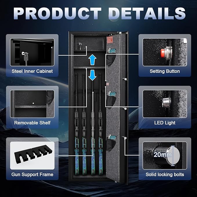 Marcree 8-10 Gun Safe, Gun Cabinets for Rifles and Shotguns, Gun Safes for Rifles and Pistols with Adjustable Racks & Pistol Storage, Quick Access Rifle Safes, No Assembly - Image 7