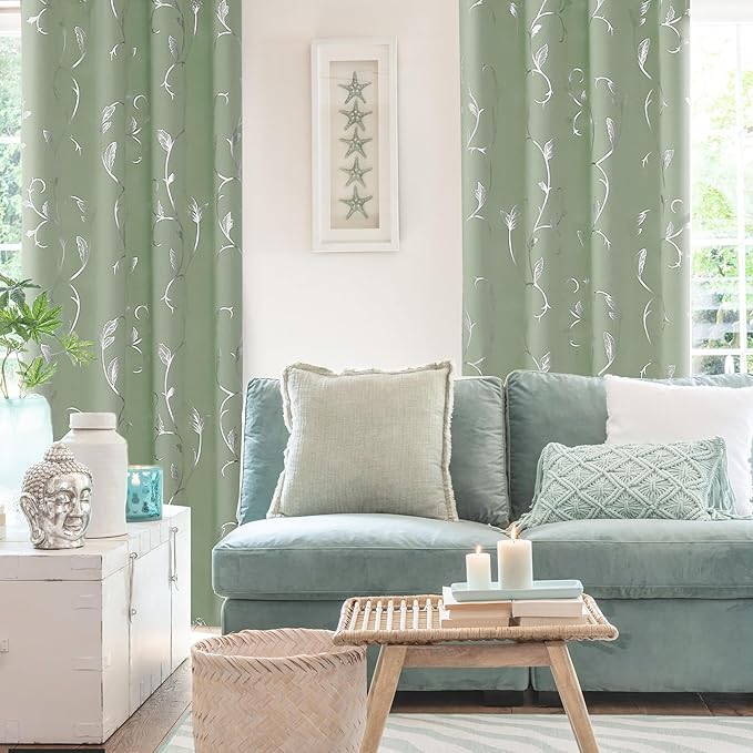 BUHUA Blackout Curtains Silver Foil Print Flower Vine Grommet Drapes, Room Darkening Thermal Insulated Curtains, Noise Reducing Curtain for Bedroom, Sage Green, 52Wx72L, 2 Panels - Image 3
