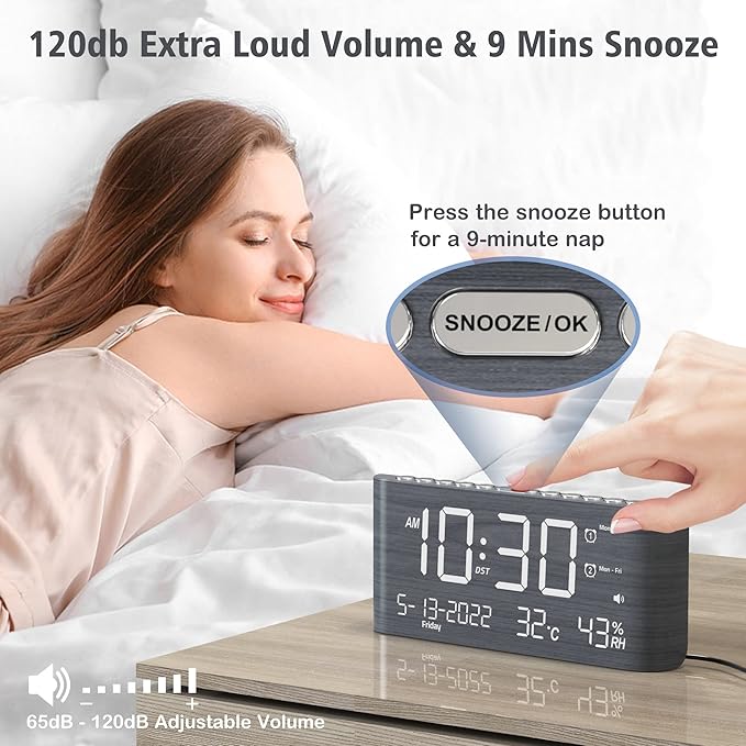 Mesqool Digital Alarm Clock, with Calendar Temperature and Humidity, Loud Volume, Dual Alarm, USB and Type-C Charging Ports, Dimmer, 12/24H, Snooze, Stylish Wood Grain Pattern Digital Clock for Décor - Image 5