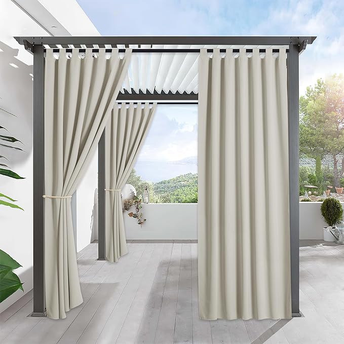 RYB HOME Outdoor Curtains for Patio Waterproof Tab Top Block Sunlight Thermal Insulated Privacy Assured Thick Outside Curtains for Porch, Pergola, Pool, W52 x L84, Natural, 1 Panel by RYBHOME