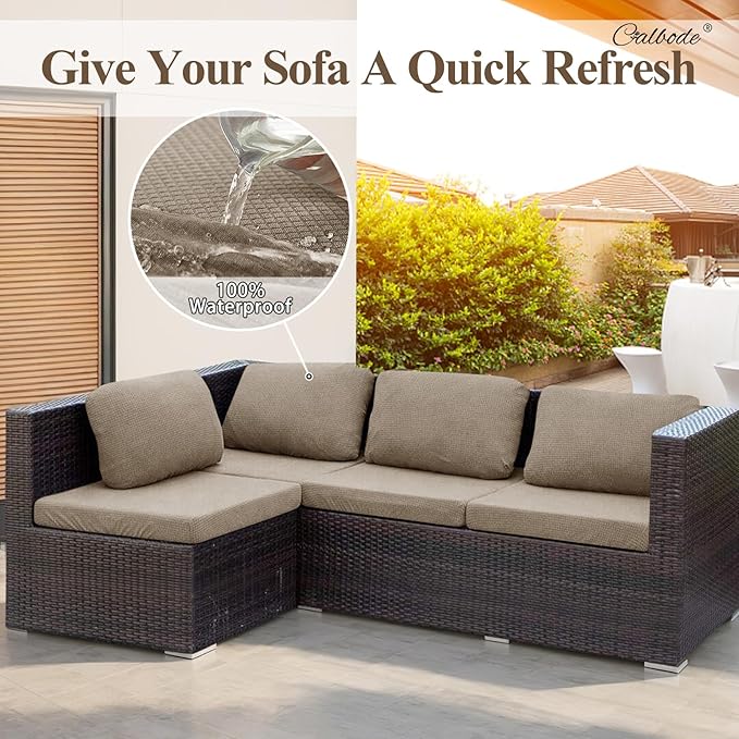 8Pcs Outdoor Stretch Cushion Covers,Waterproof Outdoor Chair Cushion Covers for Patio Furniture, Washable Jacquard Couch Covers Replacement for Patio Furniture(Khaki, Cover Only) - Image 4