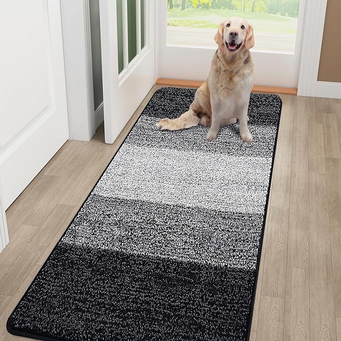 Smiry Dog Door Mat for Muddy Paws, Absorbs Moisture and Dirt, Low-Profile Entryway Mat with Non-Slip Backing, Entry Indoor Outdoor Doormat for Inside Floor (70x24 Inches, Black, Striped) by Smiry