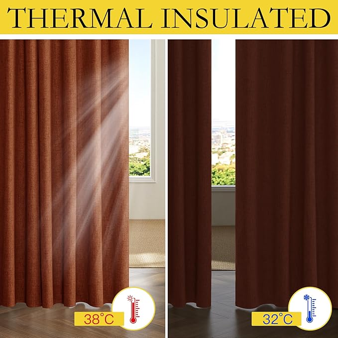NICETOWN 100% Absolutely Blackout Linen Curtains with Thermal Insulated Liner, 52" Wide, 2 Panels, 120" Long Drapes, Grommet Retro Burnt Orange Linen Curtains Vertical Drapes Privacy for Bedroom - Image 3