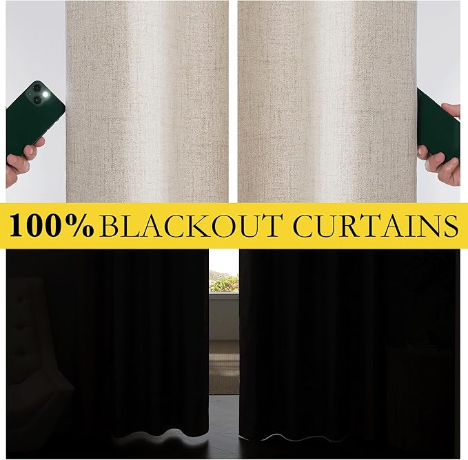 NICETOWN Oatmeal Vintage Open Linen Weave Flax Thermal Curtains, 100% Blackout Curtains 102" Long for Dining Room, Soundproof Window Treatment Drapes for Home Office, 62" Wide Per Panel, Set of 2 - Image 3