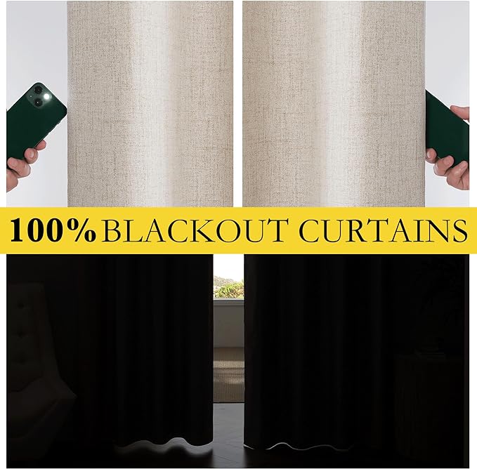 NICETOWN Farmhouse Style 100% Blackout Oatmeal Linen Curtains 90 inches Length, 2 Panels, 52" W, Room Cooling Window Draperies with Thermal Insulated Liners for Dining Room - Image 2