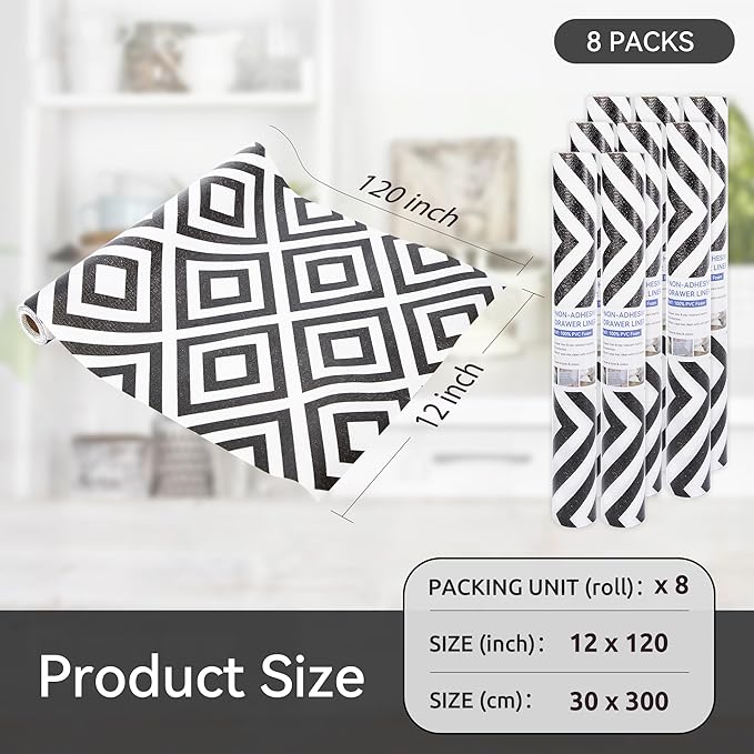 FIFTY FEET 12"x120" Non-Adhesive Shelf Liner for Kitchen Cabinets and Drawers, Washable Non-Slip PVC Cabinet Liner (Black Plaid)(8 Roll) - Image 5