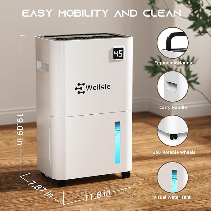 3500 Sq.Ft Dehumidifier, Wellsle 50 Pint Dehumidifiers for Home and Basement with Drain Hose, Ultra-Quiet Bedroom Dehumidifier - Intelligent Humidity Control - 24 Hour Timer - Image 7