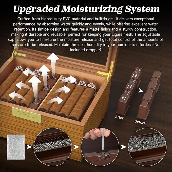 TISFA Cigar Box Handcrafted Humidor with Hygrometer and Humidifier, Cedar Wooden Humidor Case with Drawer, Divider, Cigar Length Gauge, Desktop Humidor Box Gifts Cigar Accessories (Light) - Image 6