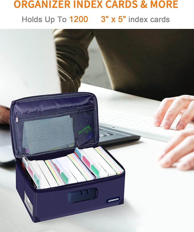 JUNDUN Index Card Holder with Lock,Collapsible Fireproof Index Card Box fits 1200 3x5-Inch Flash Cards - Business, Recipe, or Note Card Storage Boxes - Blue - Image 3