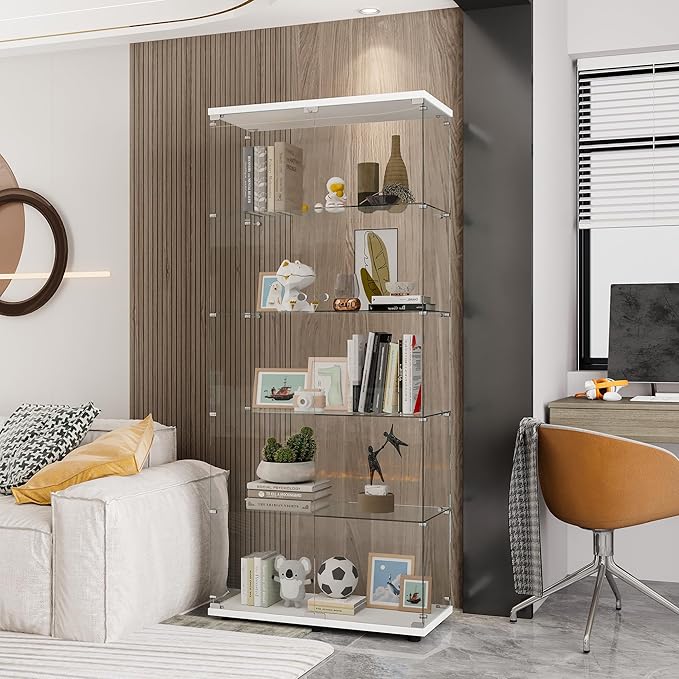 Yoluckea 5 Shelves Glass Display Cabinet with 2 Doors, Floor Standing Clear Glass Curio Cabinet Collection Display Case for Living Room Bedroom 73.82” x 31.69” x 14.37” White by Yoluckea