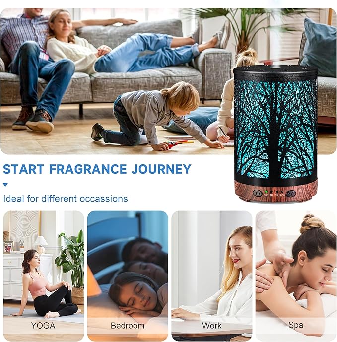 Essential Oil Diffuser 120ML Metal Aromatherapy Diffuser with Timer, Cool Mist Humidifier with Auto Shut-Off & 7 Color Lights for Home Office Spa (Tree) - Image 7