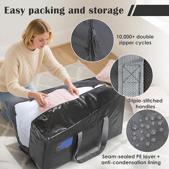 6 Pack Extra Heavy Duty Large Moving Bags with Reinforced Zipper & Wide Handles, Waterproof Storage Bins for Clothes, College Dorm, Travel, and Home Organization, Gray - Image 4