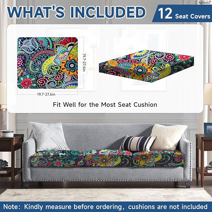 12Pcs Stretch Patio Cushion Cover, Boho Floral Couch & Sofa Slipcovers for Patio Furniture Cushions Washable Reusable Couch Covers Replacement for All Season, Breathable (Paisley, Cover Only) - Image 2
