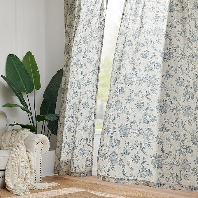 jinchan Linen Floral Curtains for Living Room with Printed Flower 63 Inches Long Light Filtering French Country Back Tab Rod Pocket Blue Window Curtain Set Farmhouse Drapes 2 Panels Blue - Image 7