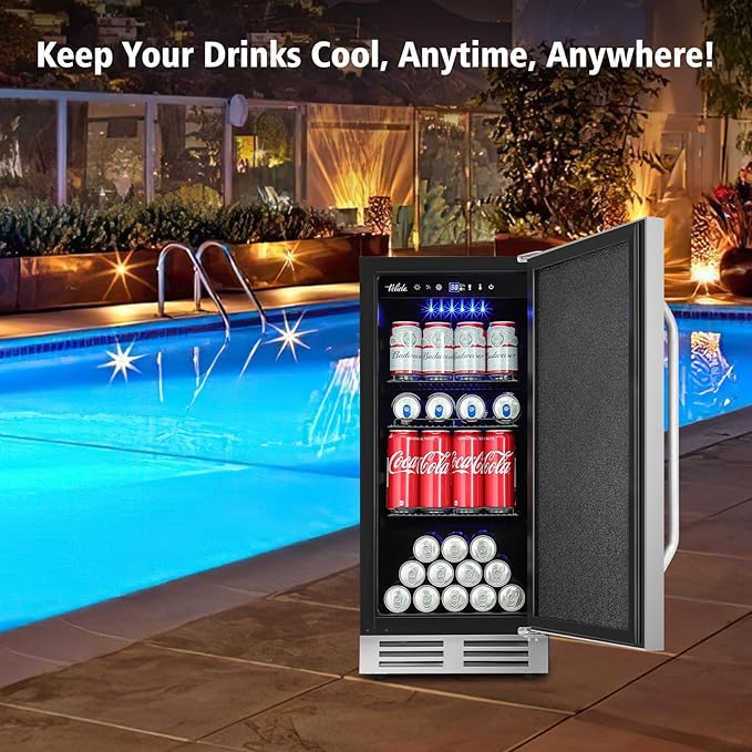 15 Inch Outdoor Beverage Refrigerator Cooler,Stainless Steel 127 Cans Beverage Fridge with French Door Under Counter Built-in or Freestanding, Perfect for Beer, Cola - Image 9