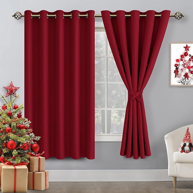 Hiasan Blackout Curtains for Bedroom, 60 x 63 Inches Length - Thermal Insulated & Light Blocking Window Curtains for Living Room, 2 Drape Panels Sewn with Tiebacks, Christmas Red by Hiasan