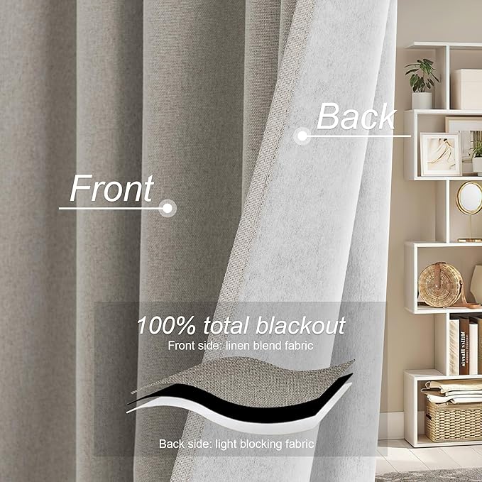 RYB HOME 100% Blackout Silver Grey Curtains, Privacy Flax Linen Drapery for Living Room & Bedroom Total Blackout, Rod Pocket & Back Tab Window Treatment, Set of 2, W52 x L84 - Image 4