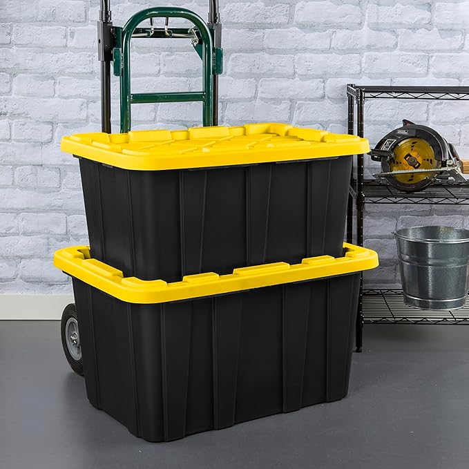 Sterilite 17 Gal Industrial Tote, Stackable Storage Bin with Snap-Fit Lid for Garage, Basement & Attic Storage, Black Base and Yellow Lily Lid, 6-Pack - Image 8