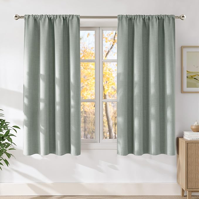 NICETOWN Sage Green Faux Linen Room Darkening Rod Pocket Curtains 63 inch Length, W42 x L63, Light Blocking Thermal Insulated Noise Reducing Drapes for Bedroom Living Room Farmhouse Decor, 2 Panels by NICETOWN